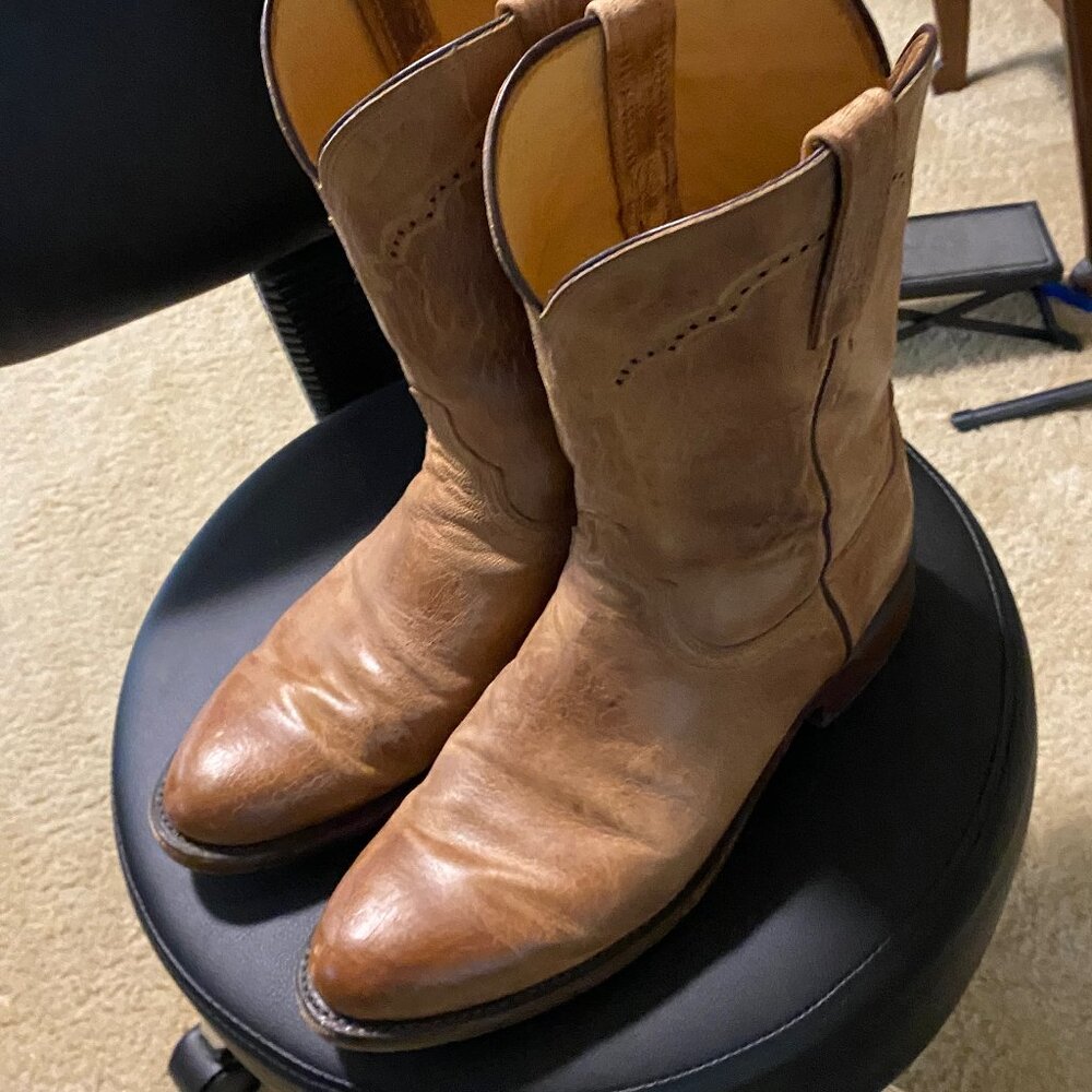 Lucchese Classics Men's Shane Mad Dog Goat Roper Riding Boot, Tan Burnish, 10 D